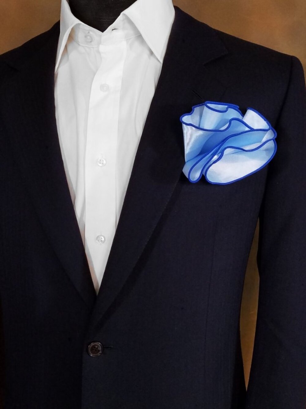 NEW Light Blue Satin 2-in-1 Pouf Round Pocket Square with Royal Blue Trim